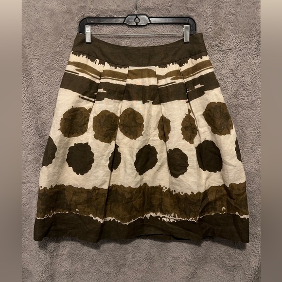 Lafayette 148 Skirt Size 6 Linen Brown Beige Art Print Lined Pleated Midi Long - Picture 1 of 11